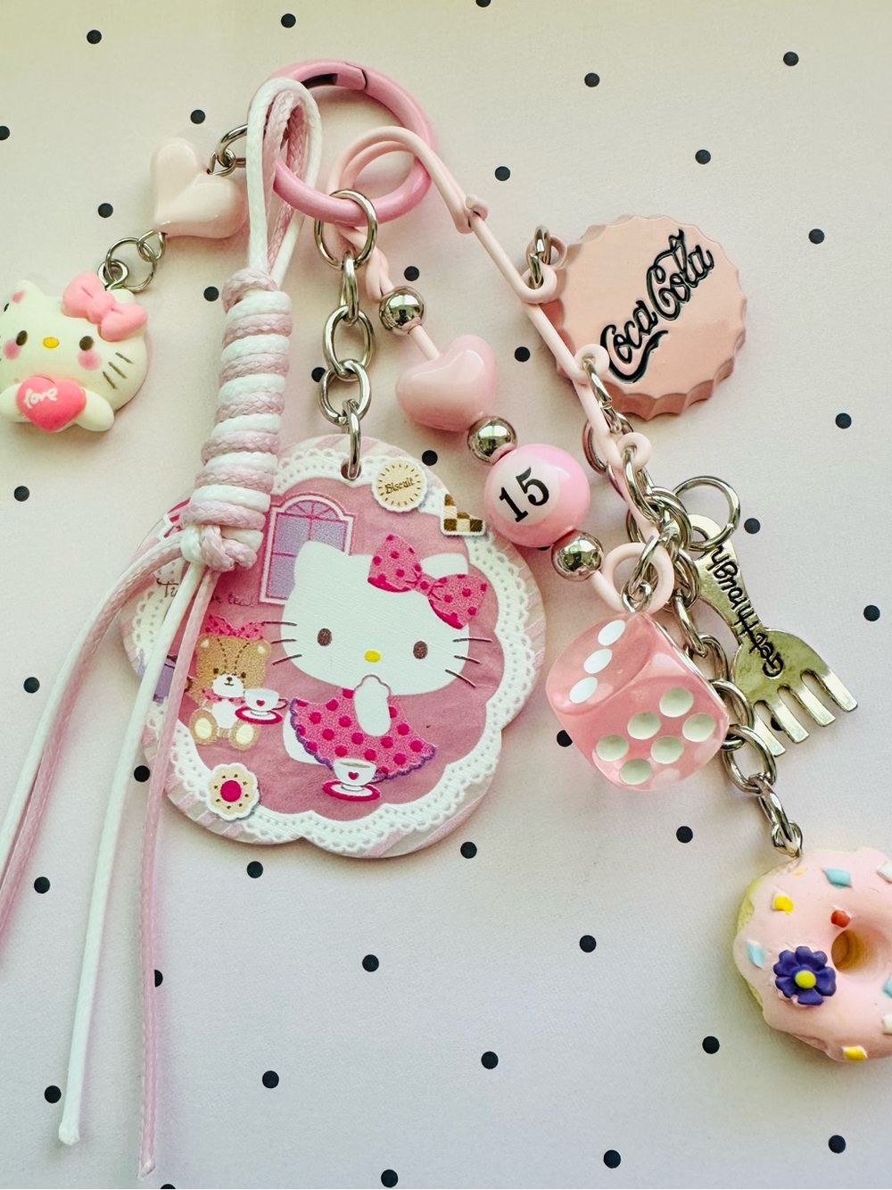 Coca-Cola Pink Hello Kitty Charm Key Ring with Donut & Dice Accents